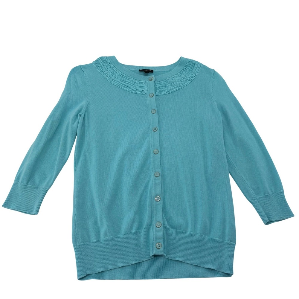 Talbots Turquoise Blue‎ Crochet Neck Cardigan Sweater Cotton Rayon Blend Sleeve